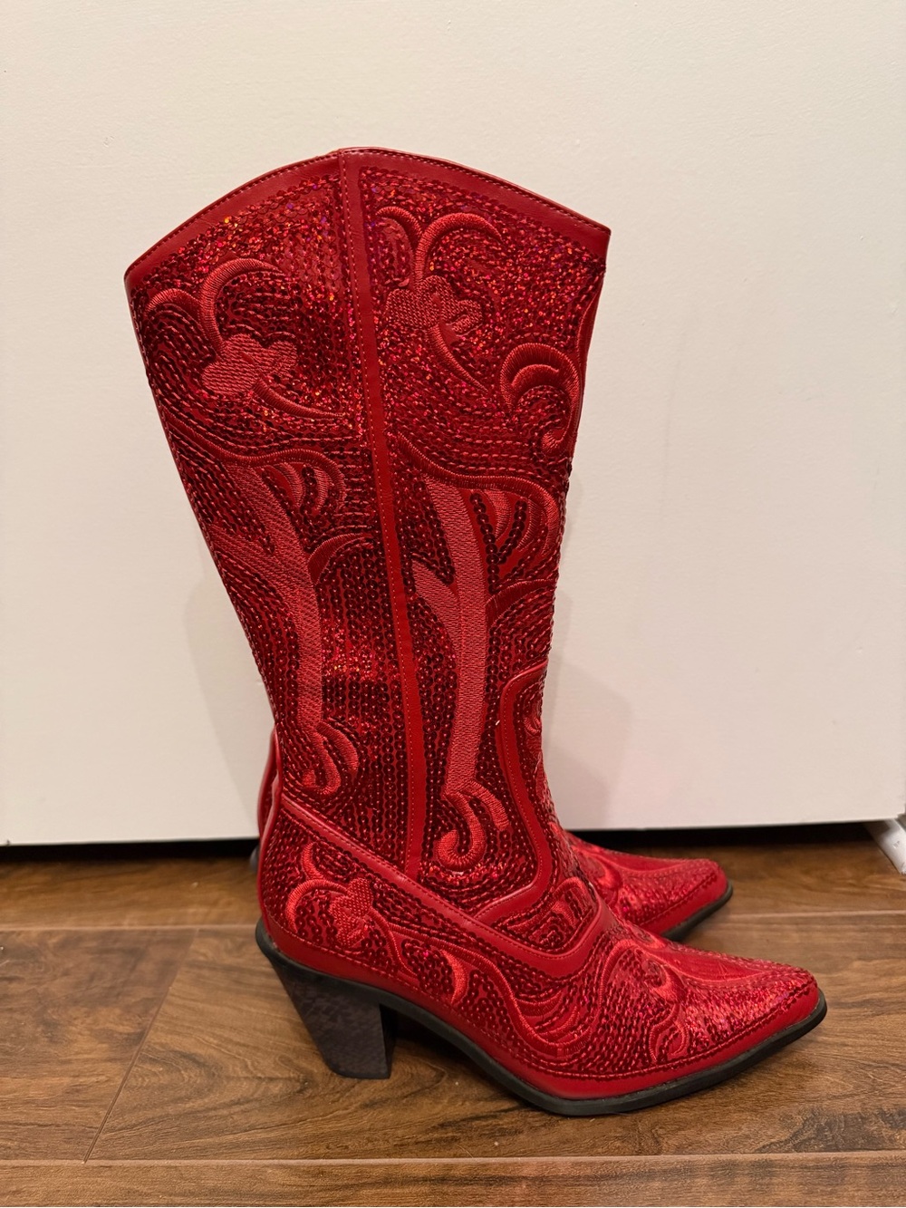Red Embellished Western-Style Mid-Calf Boots
